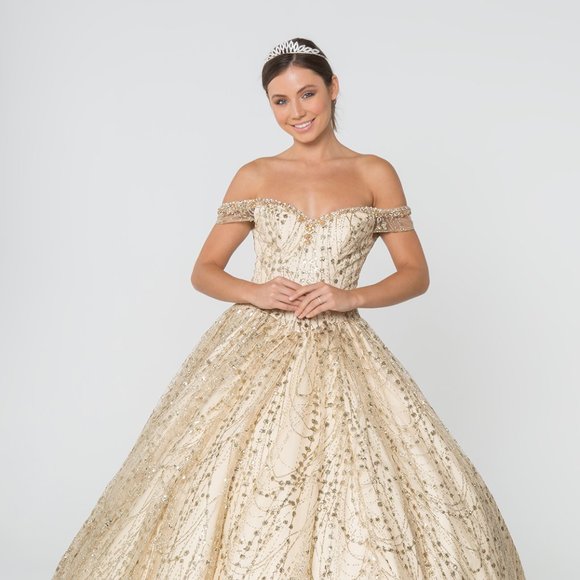 NEW CUT AWAY SHOULDER SLEEVELESS EMBROIDERED BALL GOWN WITH LACE UP BACK GL2831 - Picture 1 of 7